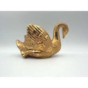 Vintage 22K Ceramic Weeping Gold Swan Trinket Dish Planter